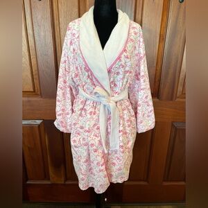Lilly Pulitzer Love Birds Belted Tie Terry Robe, Pink & White Size Large